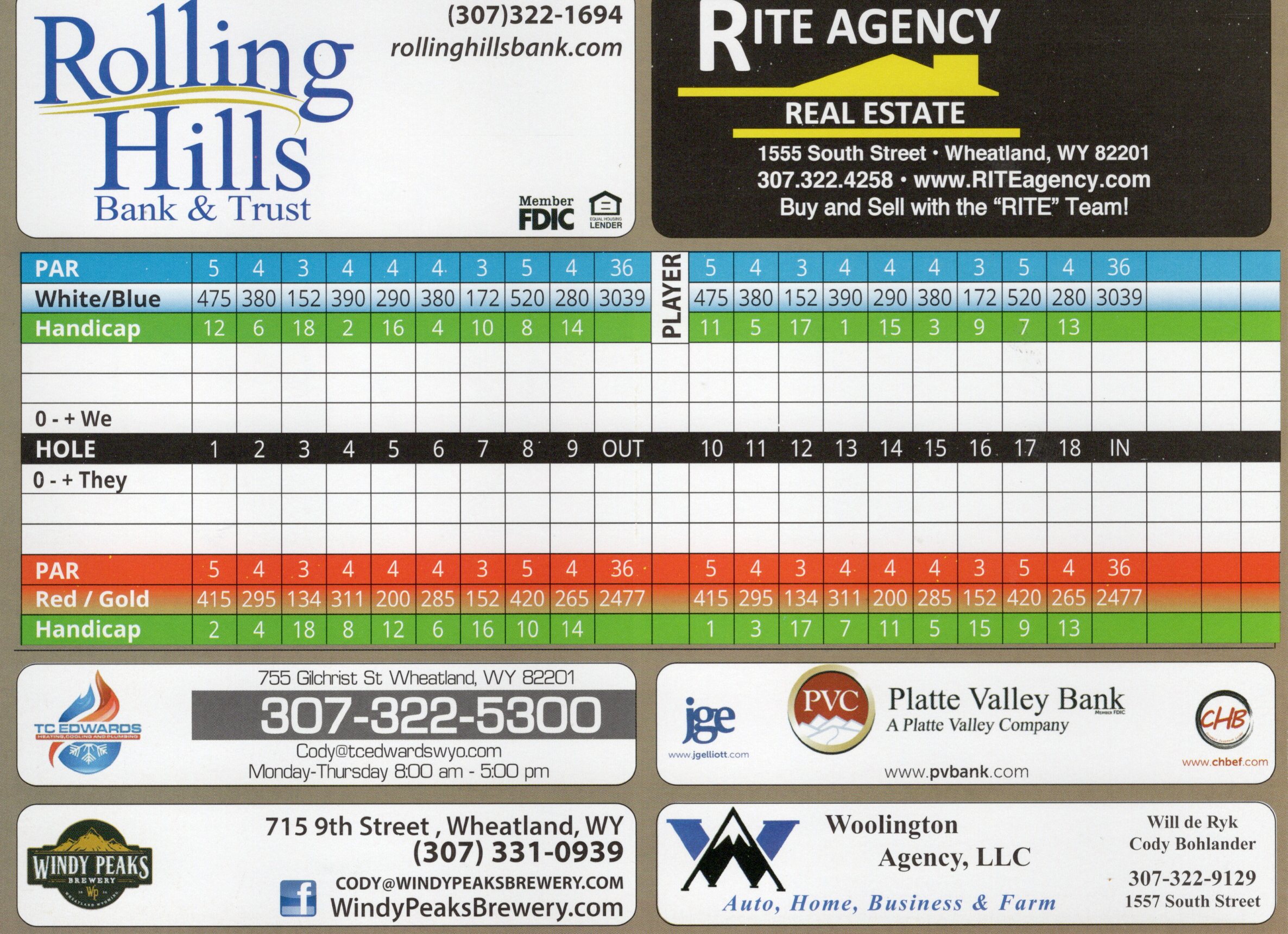 Wheatland Golf Club scorecard
